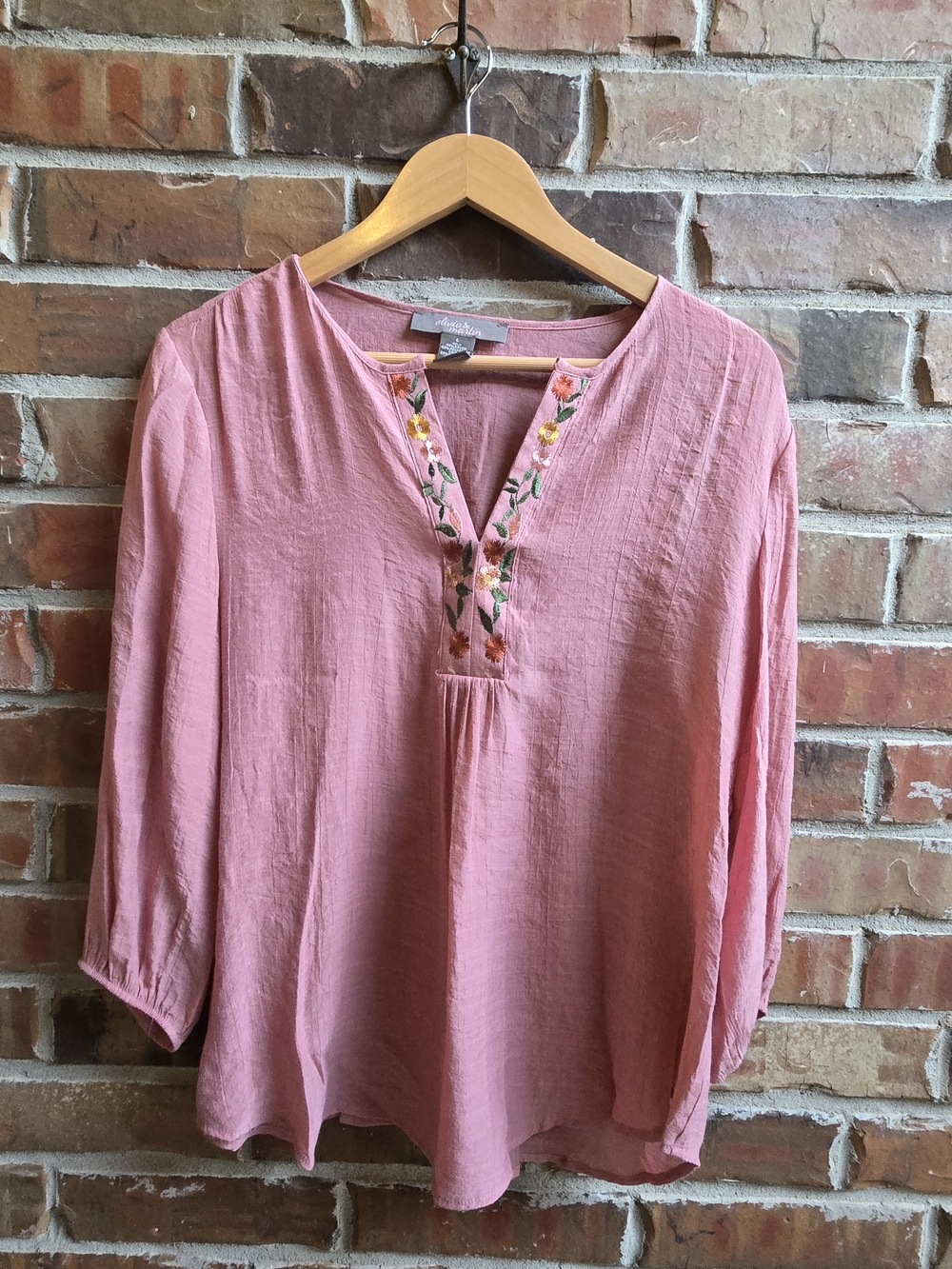 Olivia & Martin Lightweight Pink Embroidered Split-Neck Blouse Feminine Boho